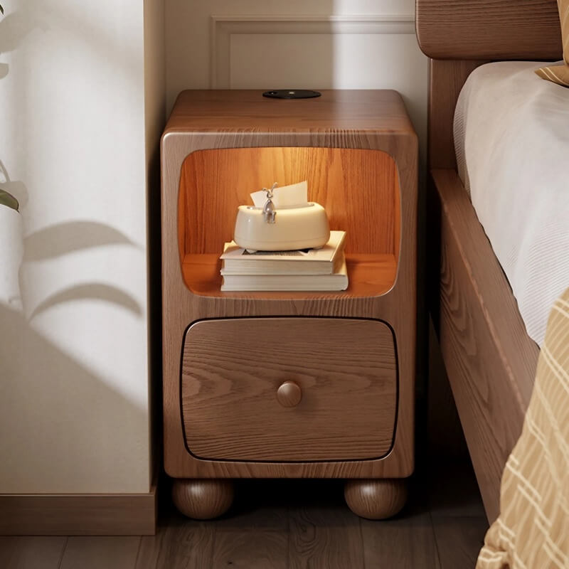 Rubberwood Narrow Bedside Table with Drawers and Shelves - Walnut, Scandinavian-style