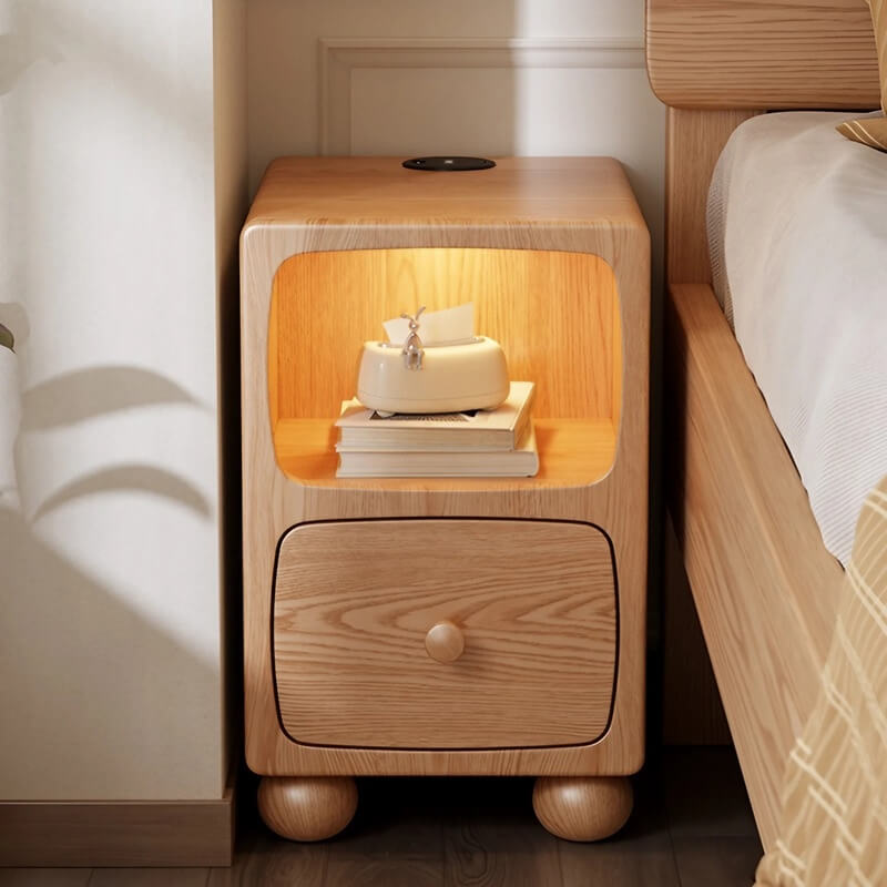 Rubberwood Narrow Bedside Table with Drawers and Shelves - Walnut, Scandinavian-style