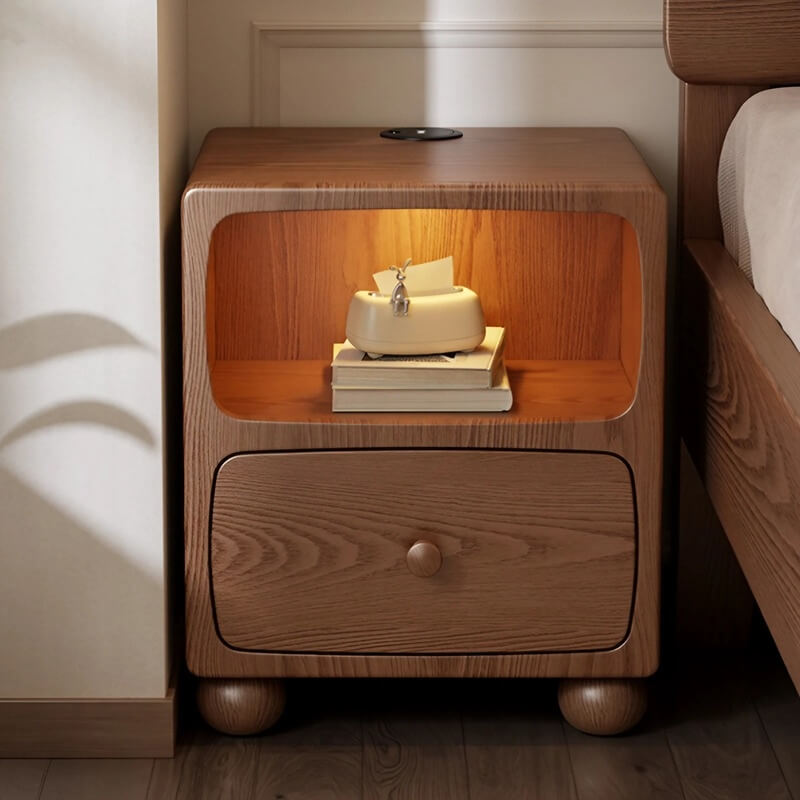 Rubberwood Narrow Bedside Table with Drawers and Shelves - Walnut, Scandinavian-style