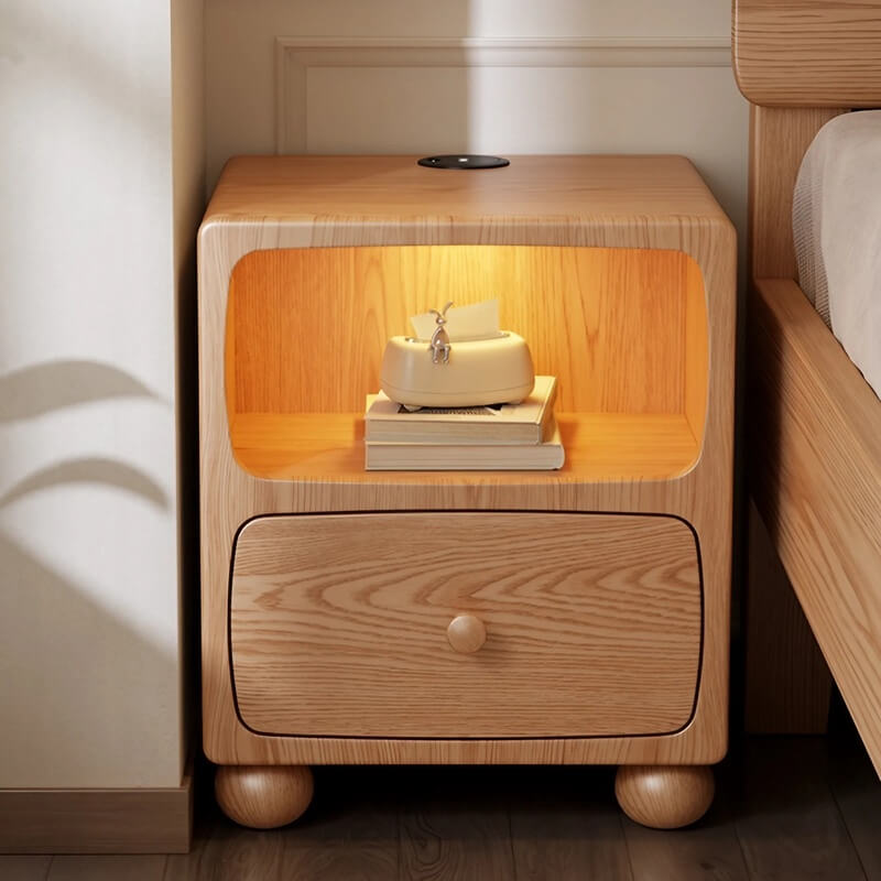 Rubberwood Narrow Bedside Table with Drawers and Shelves - Walnut, Scandinavian-style