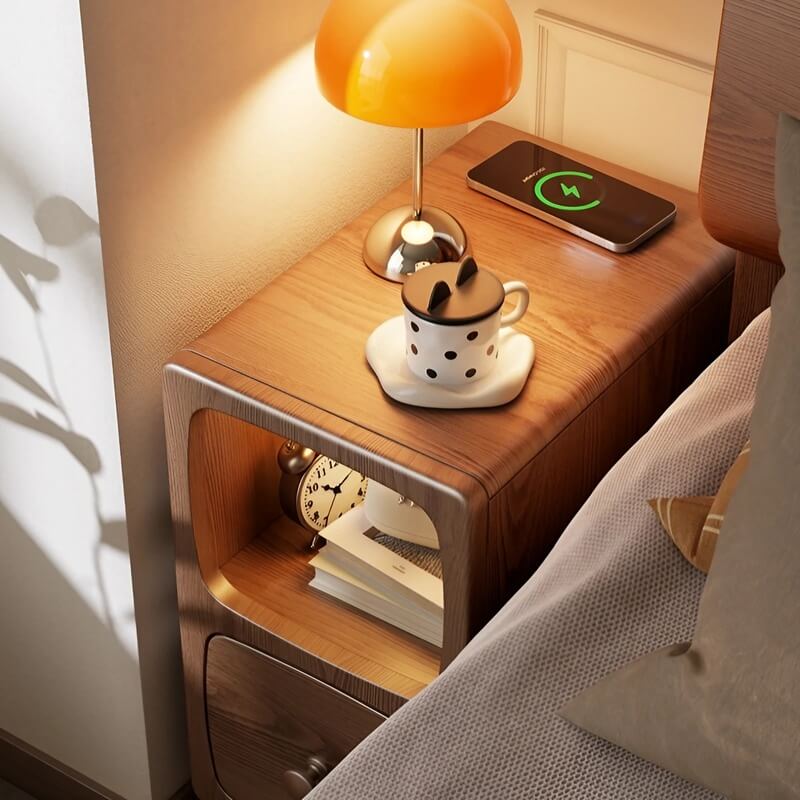 Rubberwood Narrow Bedside Table with Drawers and Shelves - Walnut, Scandinavian-style