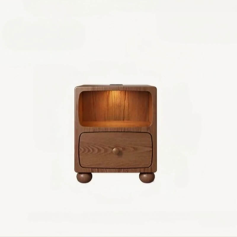 Rubberwood Narrow Bedside Table with Drawers and Shelves - Walnut, Scandinavian-style