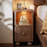 Rubberwood Narrow Bedside Table with Drawers and Shelves - Walnut, Scandinavian-style