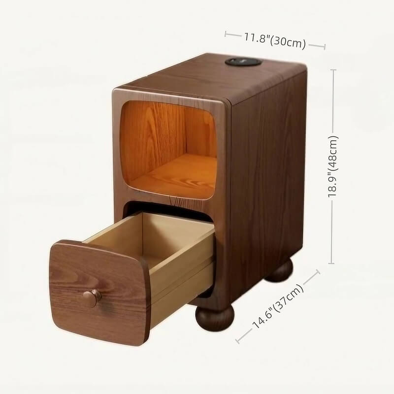 Rubberwood Narrow Bedside Table with Drawers and Shelves - Walnut, Scandinavian-style