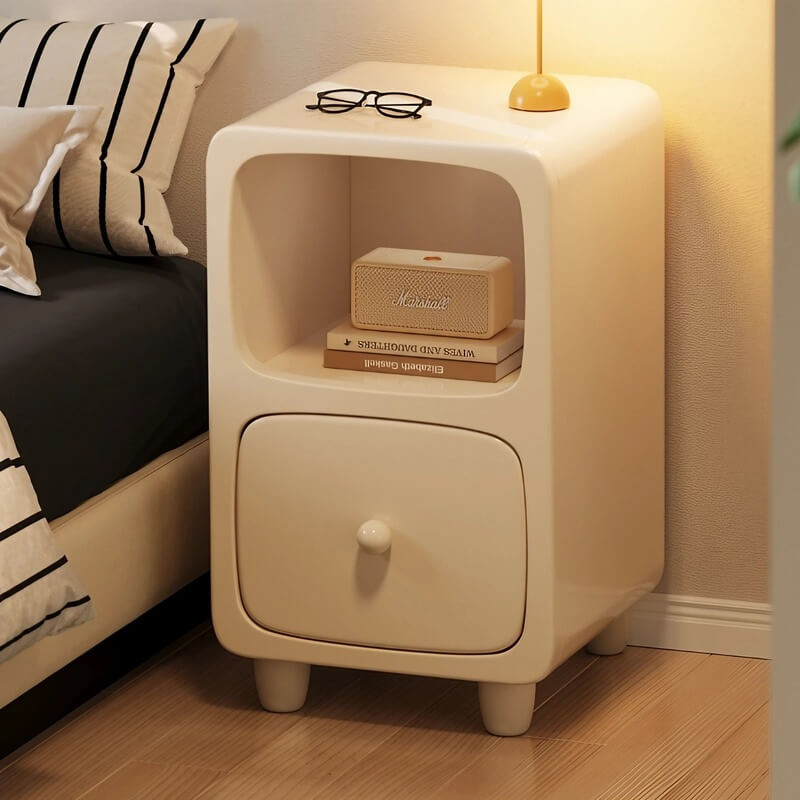Scandinavian-style Narrow Bedside Table - White Wood Nightstand with Drawers and Shelves