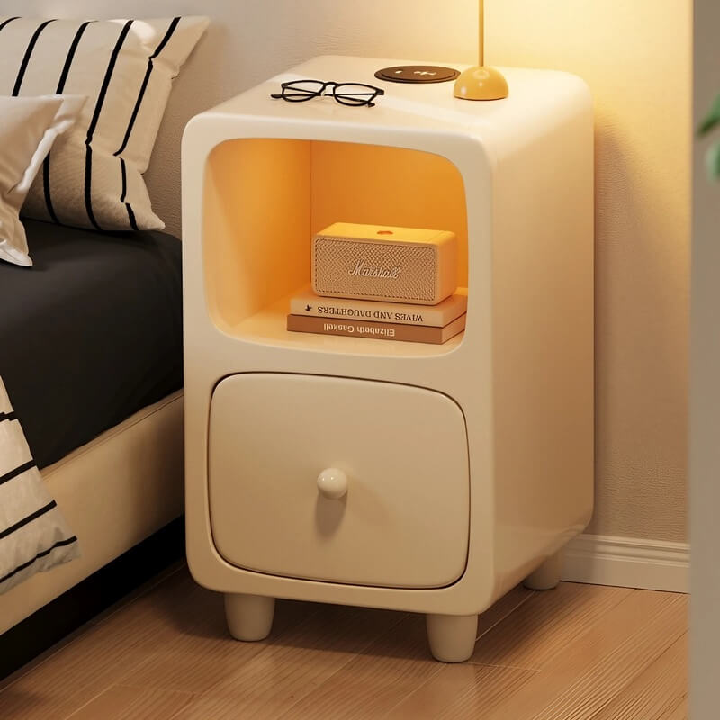 Scandinavian-style Narrow Bedside Table - White Wood Nightstand with Drawers and Shelves