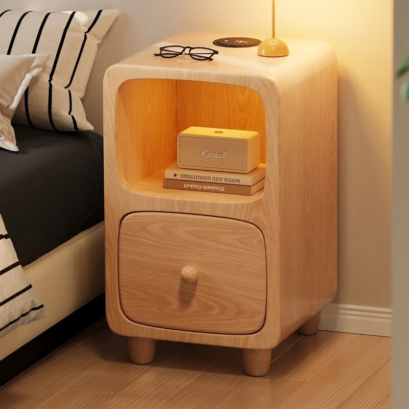Scandinavian-style Narrow Bedside Table - White Wood Nightstand with Drawers and Shelves