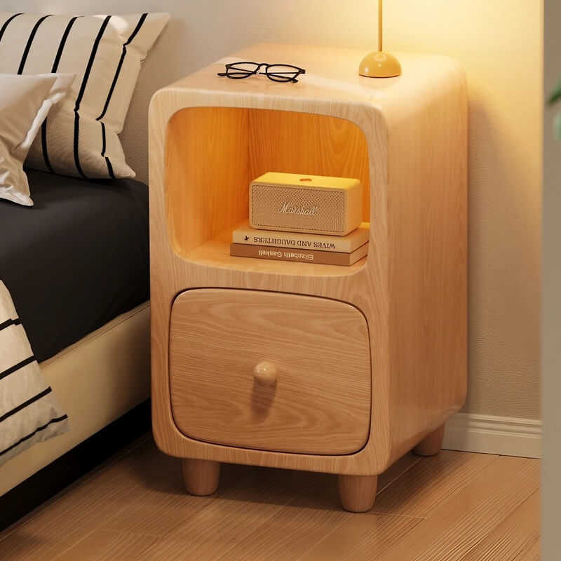 Scandinavian-style Narrow Bedside Table - White Wood Nightstand with Drawers and Shelves