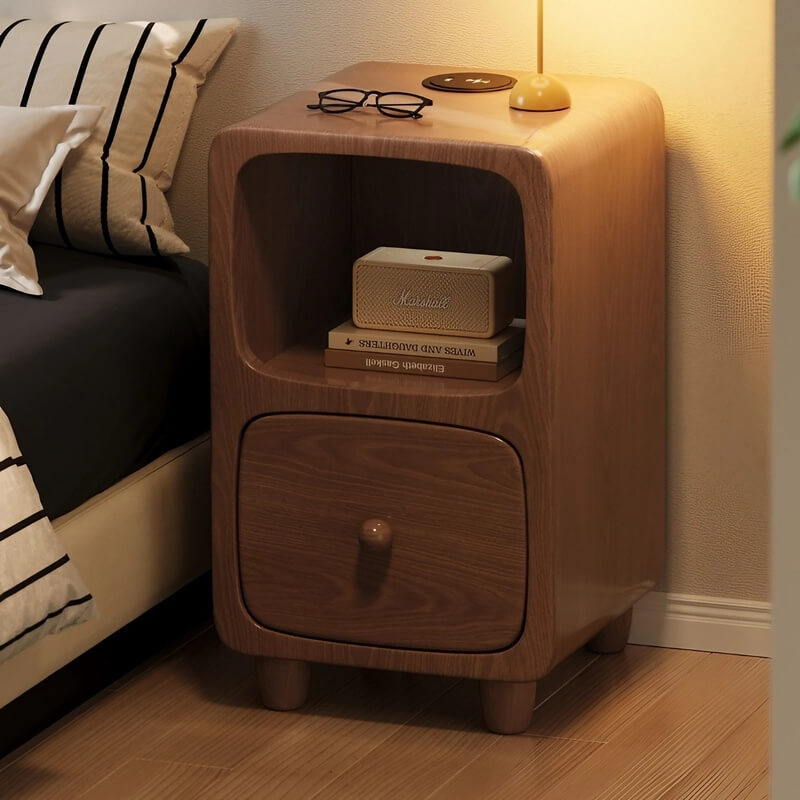 Scandinavian-style Narrow Bedside Table - White Wood Nightstand with Drawers and Shelves
