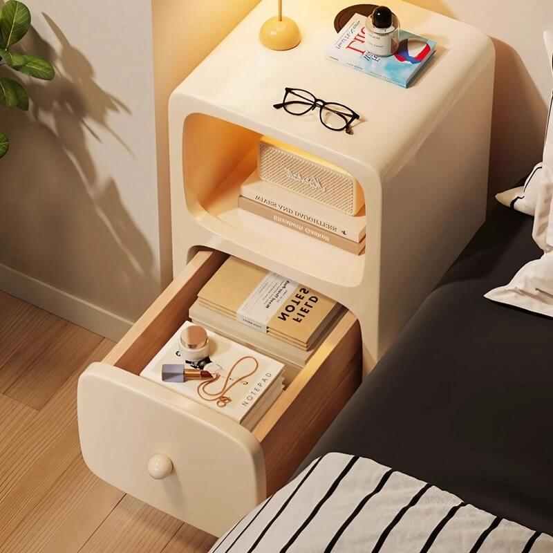 Scandinavian-style Narrow Bedside Table - White Wood Nightstand with Drawers and Shelves