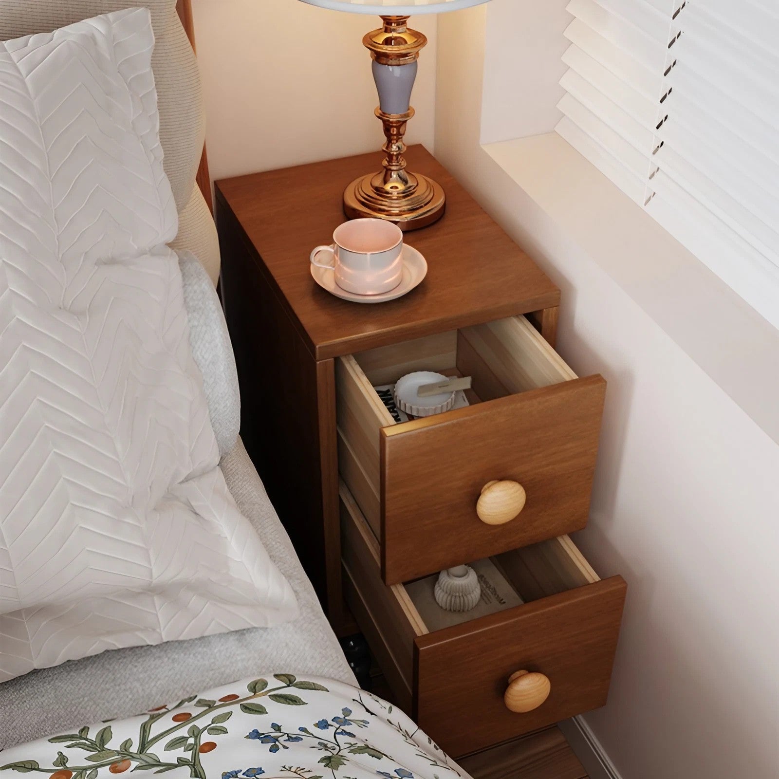 Vintage Style 24″ Narrow Bedside Table - Walnut Rubberwood Legged with Drawers
