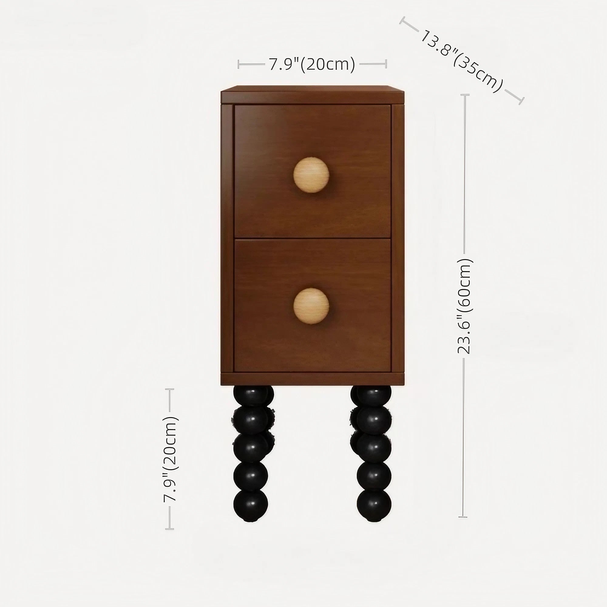 Vintage Style 24″ Narrow Bedside Table - Walnut Rubberwood Legged with Drawers