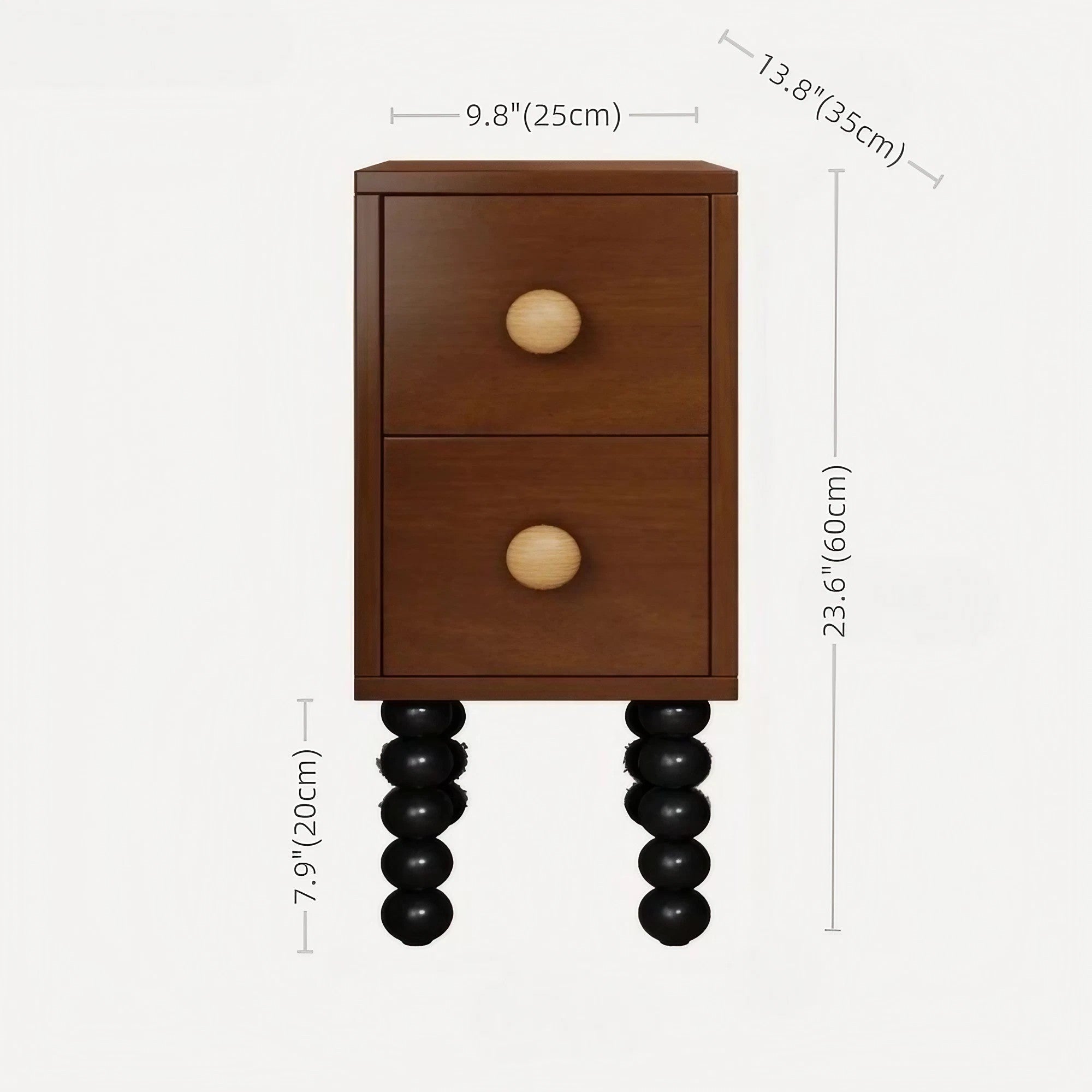 Vintage Style 24″ Narrow Bedside Table - Walnut Rubberwood Legged with Drawers