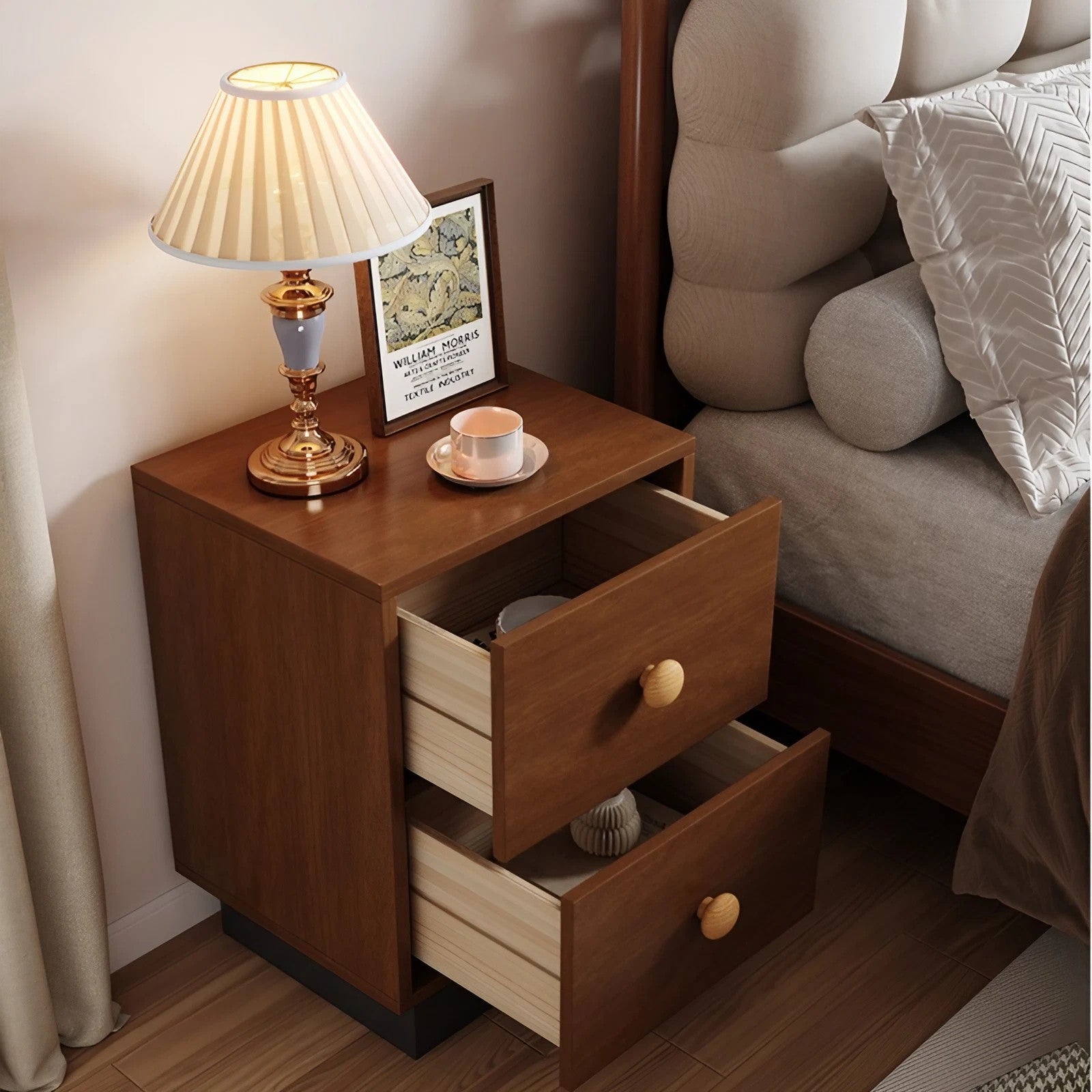 Vintage Style 24″ Narrow Bedside Table - Walnut Rubberwood Legged with Drawers