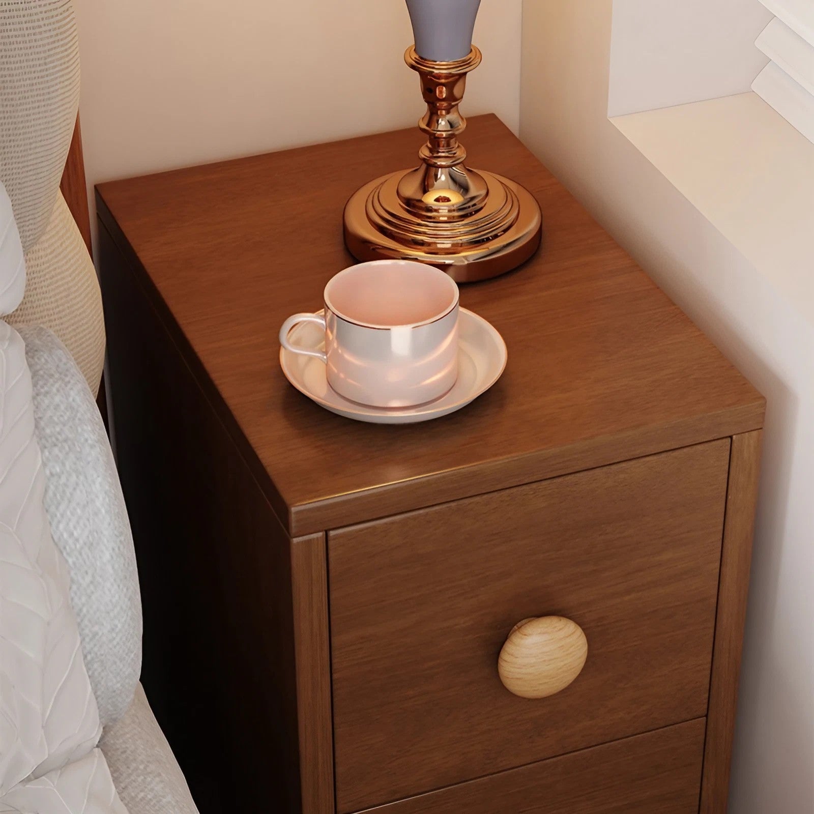Vintage Style 24″ Narrow Bedside Table - Walnut Rubberwood Legged with Drawers