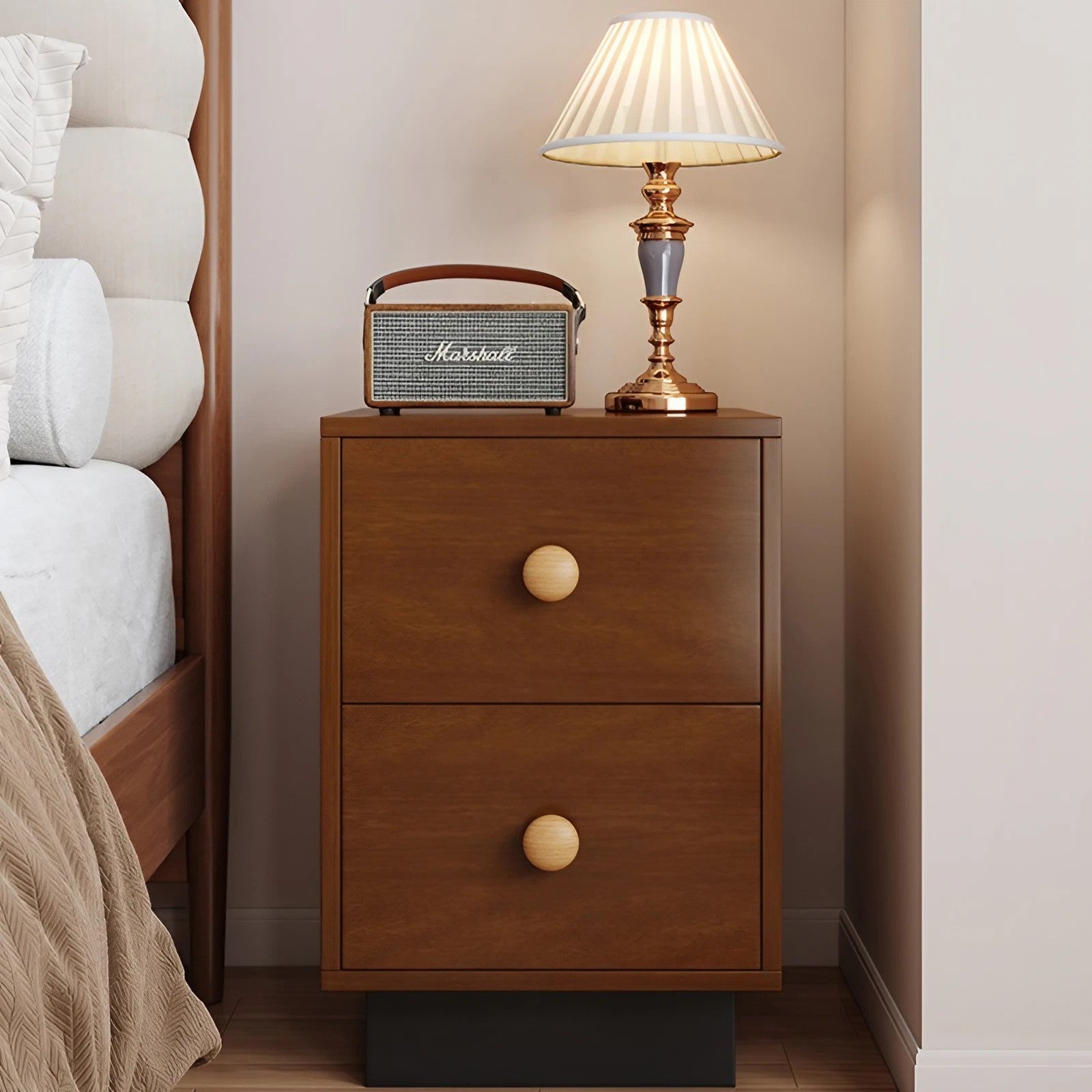 Vintage Style 24″ Narrow Bedside Table - Walnut Rubberwood Legged with Drawers