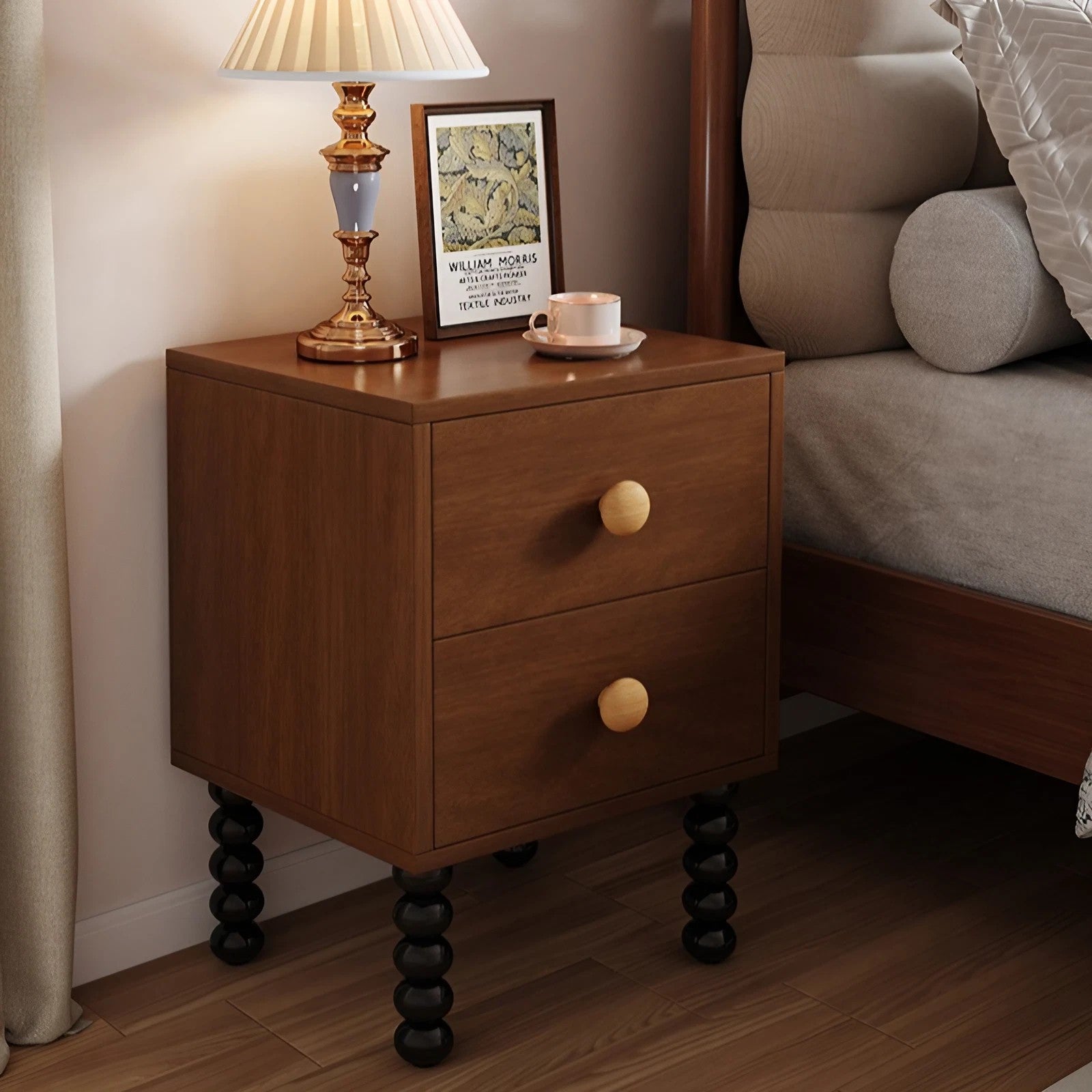 Vintage Style 24″ Narrow Bedside Table - Walnut Rubberwood Legged with Drawers