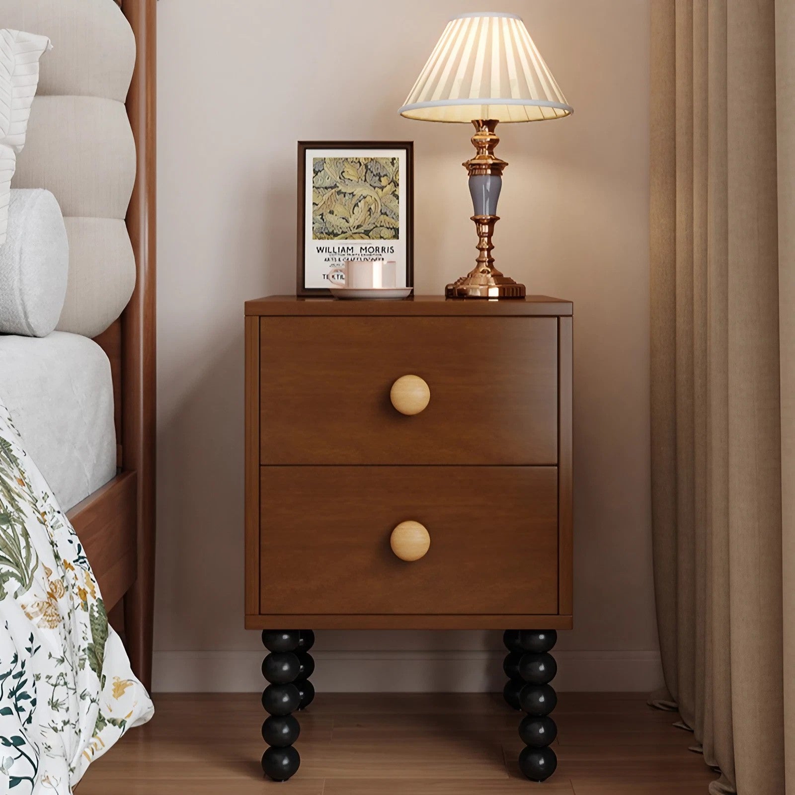 Vintage Style 24″ Narrow Bedside Table - Walnut Rubberwood Legged with Drawers