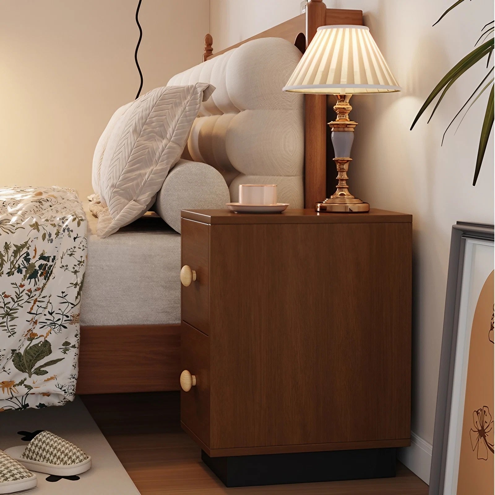 Vintage Style 24″ Narrow Bedside Table - Walnut Rubberwood Legged with Drawers