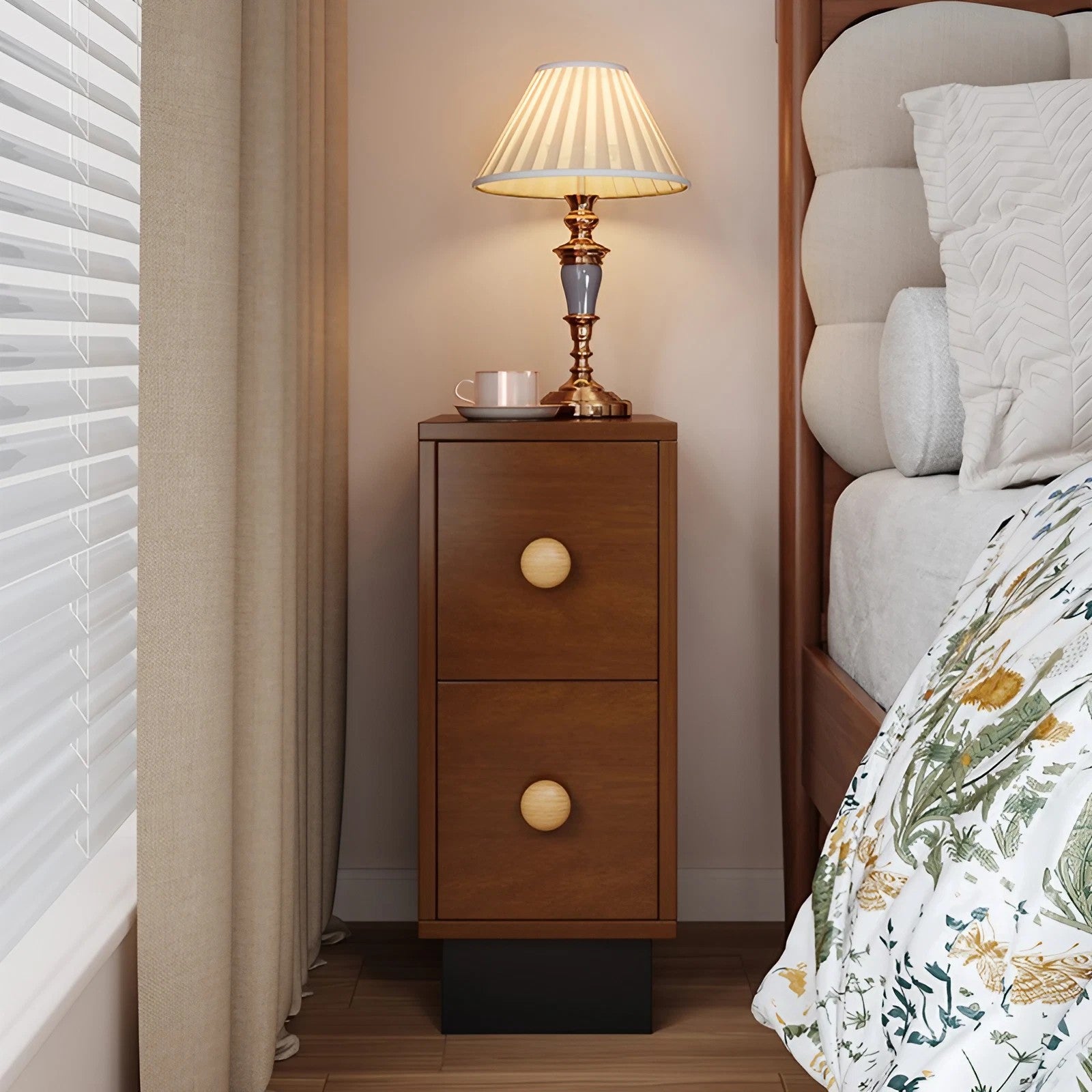 Vintage Style 24″ Narrow Bedside Table - Walnut Rubberwood Legged with Drawers