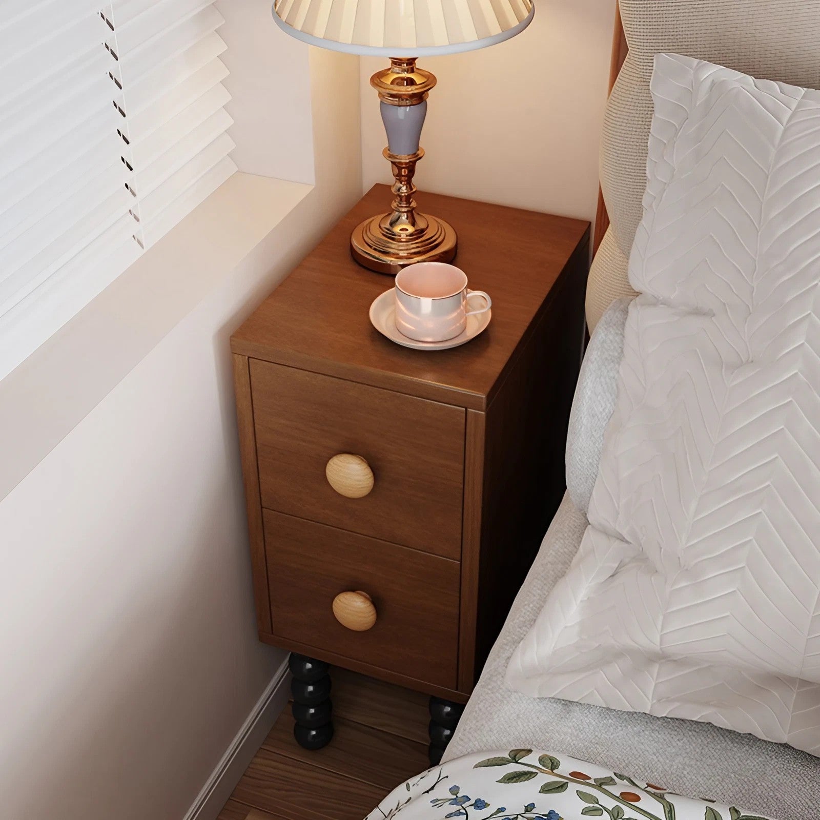 Vintage Style 24″ Narrow Bedside Table - Walnut Rubberwood Legged with Drawers
