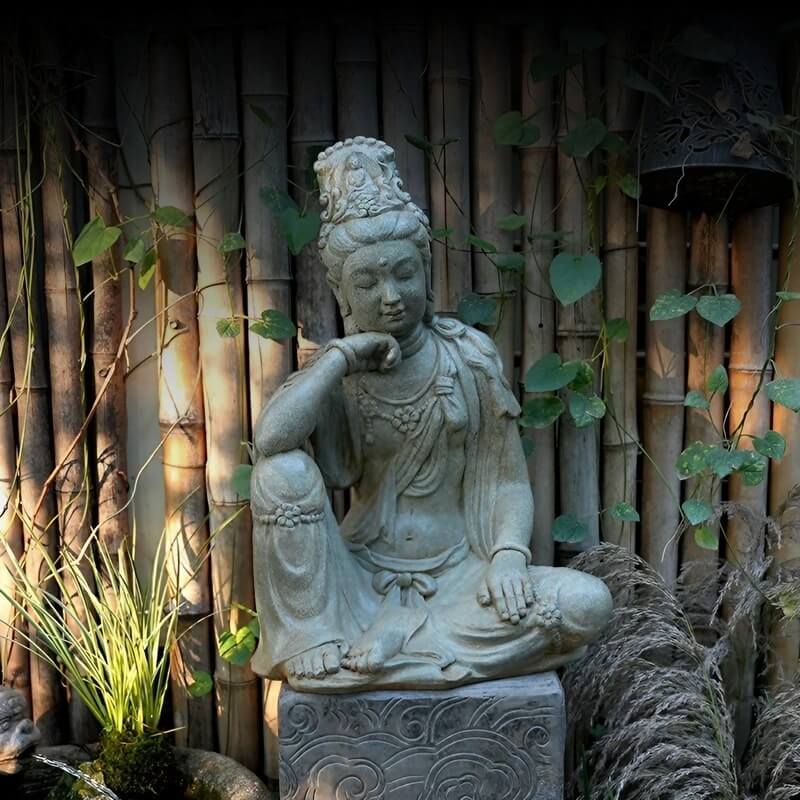 Water Moon Guanyin 18.9″ Engineered Stone Garden Buddha Statue for Yard & Balcony