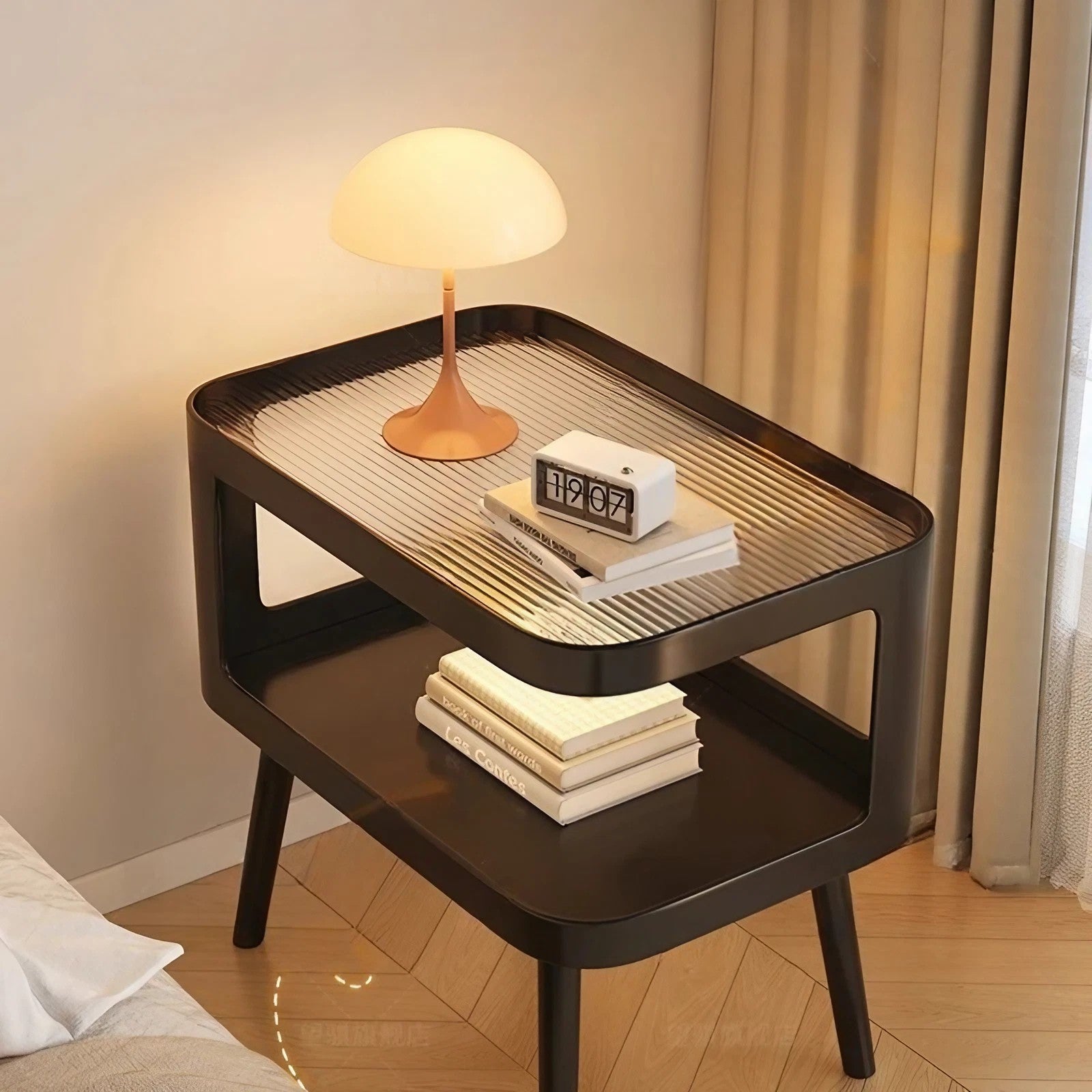 White Metal Narrow Bedside Table with Shelves - Scandinavian-style - Lighted