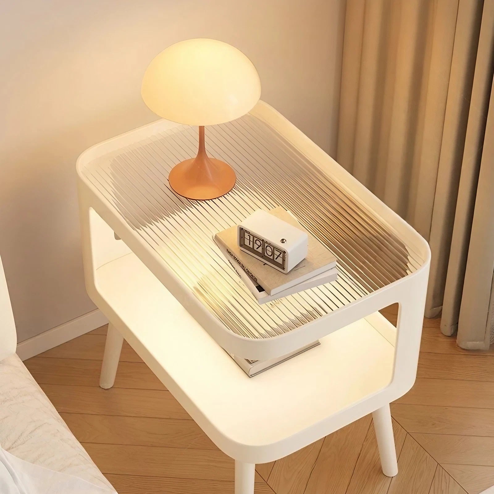 White Metal Narrow Bedside Table with Shelves - Scandinavian-style - Lighted