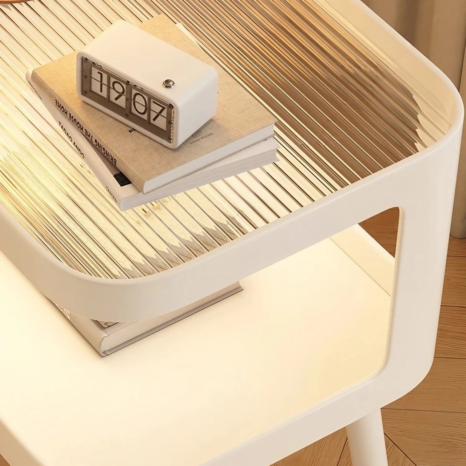 White Metal Narrow Bedside Table with Shelves - Scandinavian-style - Lighted