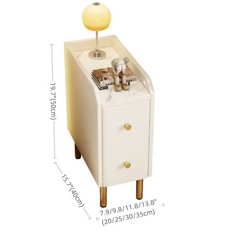 White Narrow Bedside Table - Modern Style with Drawers in Engineered Wood