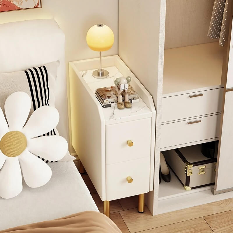 White Narrow Bedside Table - Modern Style with Drawers in Engineered Wood
