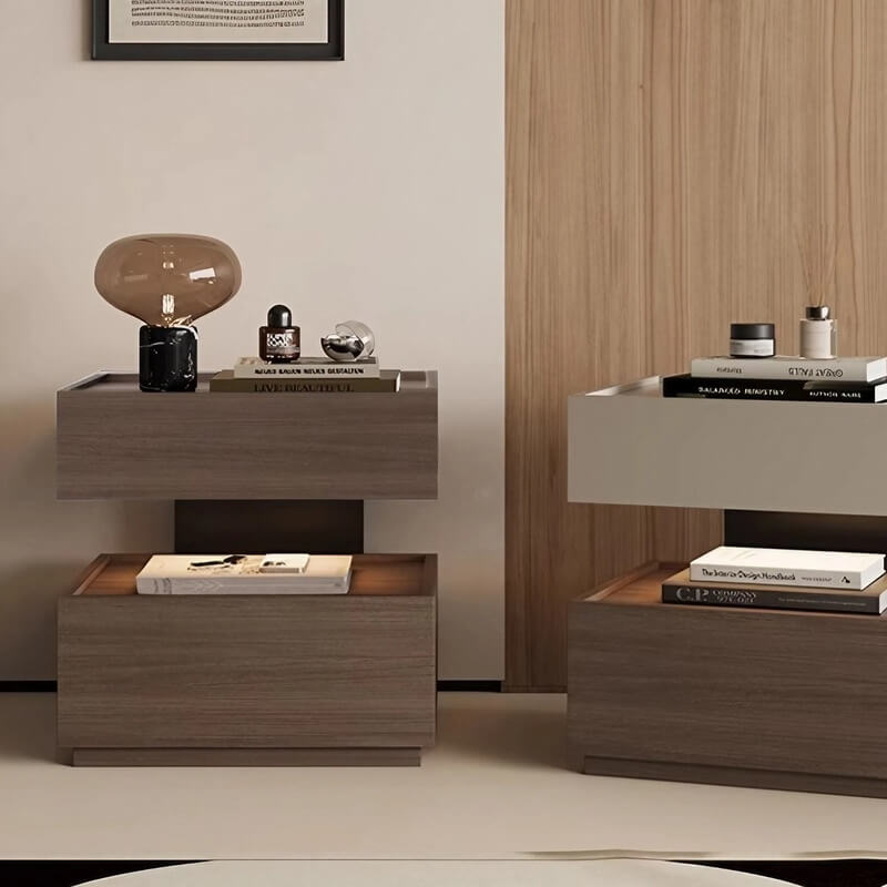 Wood Narrow Bedside Table in Walnut - Modern, with Shelves and Drawers