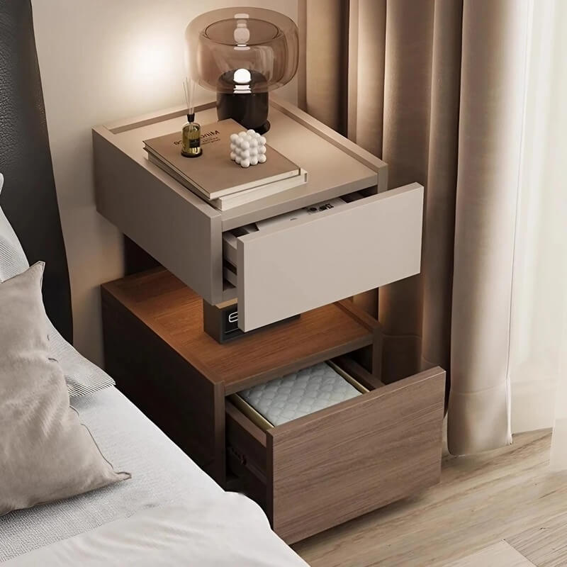 Wood Narrow Bedside Table in Walnut - Modern, with Shelves and Drawers