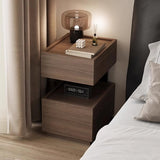 Wood Narrow Bedside Table in Walnut - Modern, with Shelves and Drawers