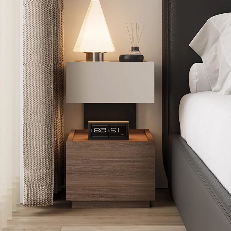 Wood Narrow Bedside Table in Walnut - Modern, with Shelves and Drawers