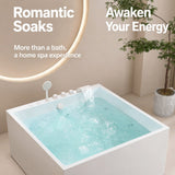 A modern white bathtub with water and bubbles, staged in a stylish bathroom setting.