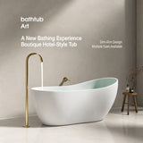 A modern bathtub in a minimalistic bathroom setting with a sleek faucet.