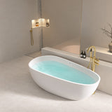 A modern bathtub in a stylish bathroom setting, showcasing a clean and minimalist design.