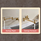 Close-up of a brass wall-mounted sink faucet shown in two folding positions over a stainless steel basin.