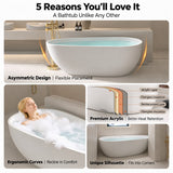 A modern, uniquely shaped bathtub in a stylish bathroom setting.
