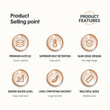 Icons depicting product features such as acrylic material and design specifications.