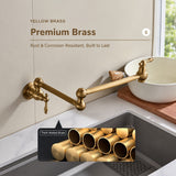 Close-up of a brass sink faucet mounted over a stainless steel basin with a ceramic bowl, alongside a cutaway view of thick brass tubing.
