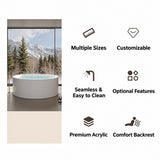 A round bathtub displayed against a scenic backdrop with mountains and trees.