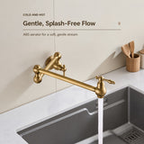 Close-up of a brushed gold wall-mounted pot filler faucet extending over a sink with water flowing from the spout.