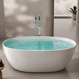 A modern bathtub filled with water, set in a stylish room with minimalistic decor and plants.