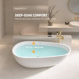 A modern freestanding bathtub with water, set in a bathroom environment.