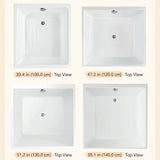 Diagrams of various square bathtub sizes with different measurements.