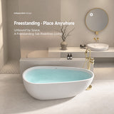 A modern independent bathtub positioned in a stylish bathroom setting.