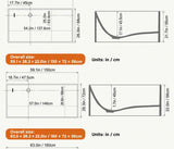 Technical dimension diagrams showing length, width, height measurements of furniture pieces