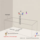 Dimensional diagram of a bathtub installation with water inlet and outlet measurements